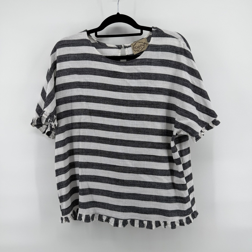 DejaVu‎ Blouse Striped Ruffle Hem XL Black White Women Coastal Linen Blend Top